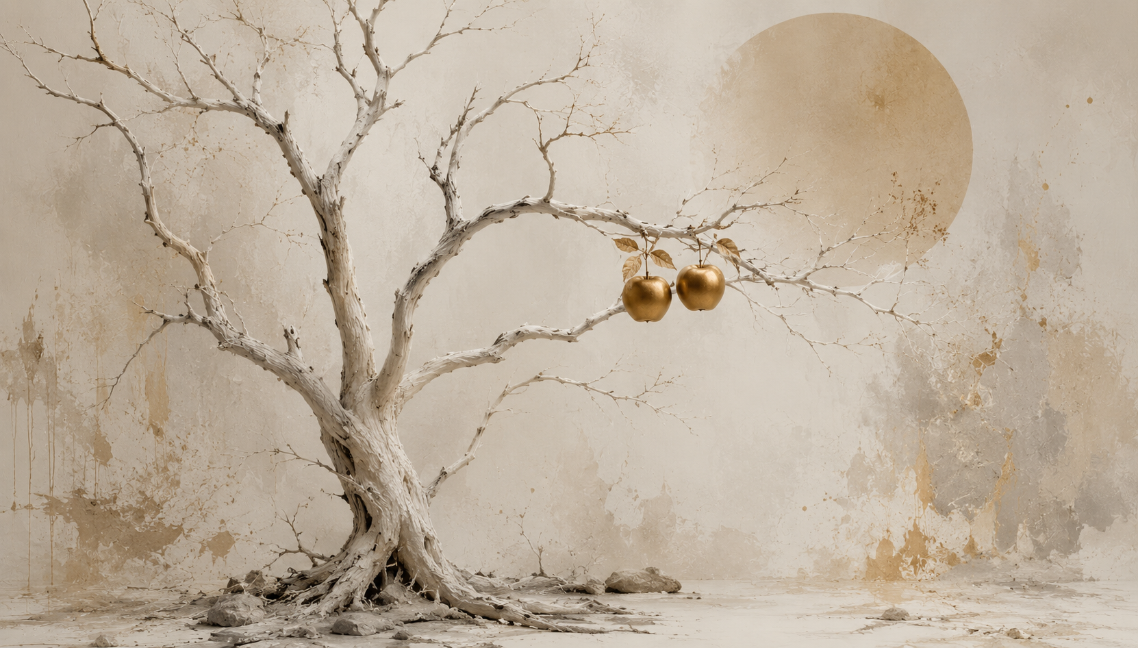 Árbol blanco con dos manzanas doradas